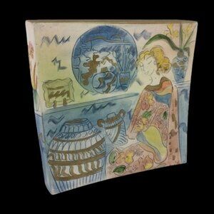 Painted Ceramic Wall Art Signed Woman with Flowing Floral Robe Gown and Pottery